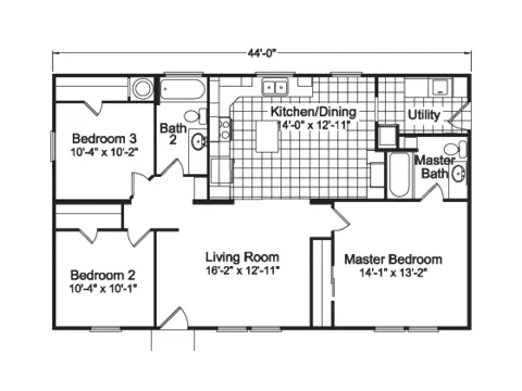 Floor plan of the Bay View I 28443A: 3 bed, 2 bath, 1,188 sq ft, 27 by 44 feet