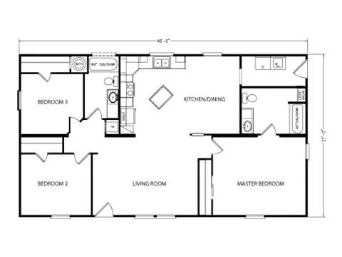 Floor plan of the Bay View II 28483A: 3 bed, 2 bath, 1,296 sq ft, 27 by 48 feet