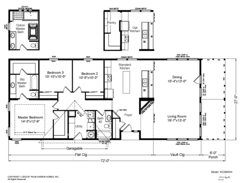 Floor plan of the Brook Haven 28643A: 3 bed, 2 bath, 1,711 sq ft, 27 by 64 feet