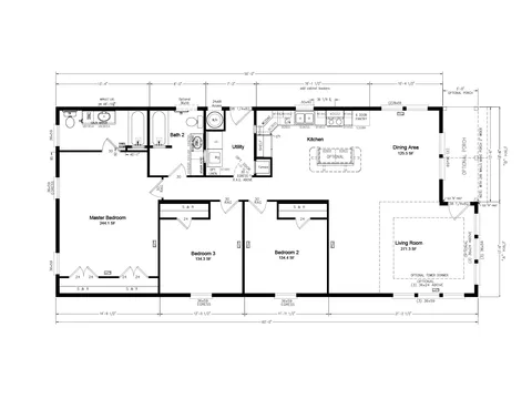 Floor plan of the California 28603E: 3 bed, 2 bath, 1,552 sq ft, 27 by 60 feet