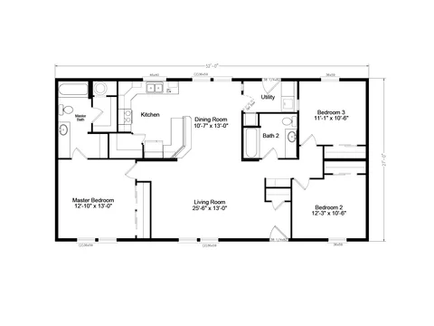 Floor plan of the Columbia 28523B: 3 bed, 2 bath, 1,404 sq ft, 27 by 52 feet
