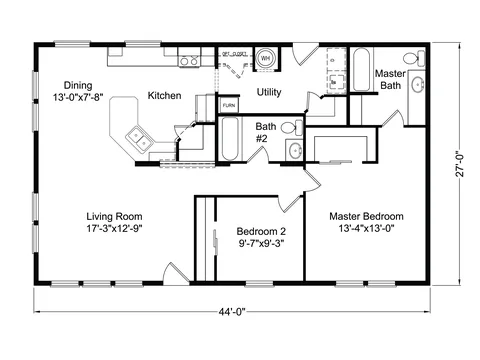 Floor plan of the Creekside 28441A: 1 bed, 1.5 bath, 1,188 sq ft, 27 by 44 feet