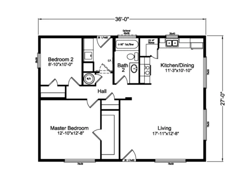 Floor plan of the D River 28362A: 2 bed, 1 bath, 972 sq ft, 27 by 36 feet