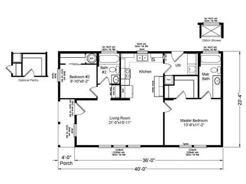 Floor plan of the Dragonfly 24402A: 2 bed, 2 bath, 886 sq ft, 23.7 by 40 feet