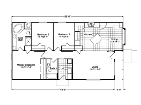 Floor plan of the Frontier 28523A: 3 bed, 2 bath, 1,365 sq ft, 27 by 52 feet