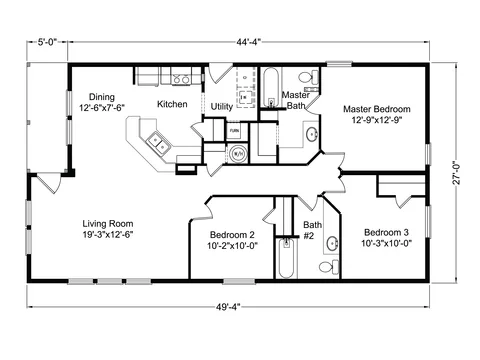 Floor plan of the Harbor View 28503B: 3 bed, 2 bath, 1,236 sq ft, 27 by 49.3 feet