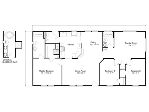 Floor plan of the Klamath 28563A: 3 bed, 2 bath, 1,512 sq ft, 27 by 56 feet