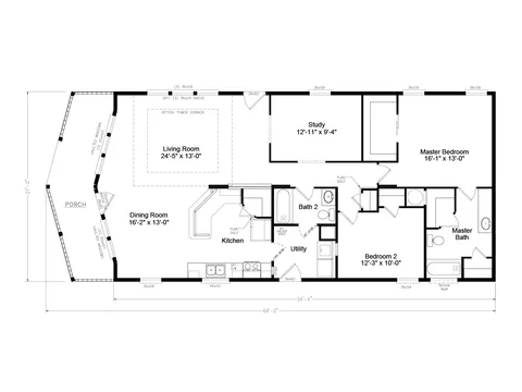 Floor plan of the Metolius 28522A: 2 bed, 2 bath, 1,404 sq ft, 27 by 52 feet