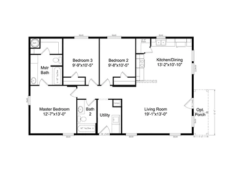 Floor plan of the River View 28463A: 3 bed, 2 bath, 1,224 sq ft, 27 by 45.3 feet