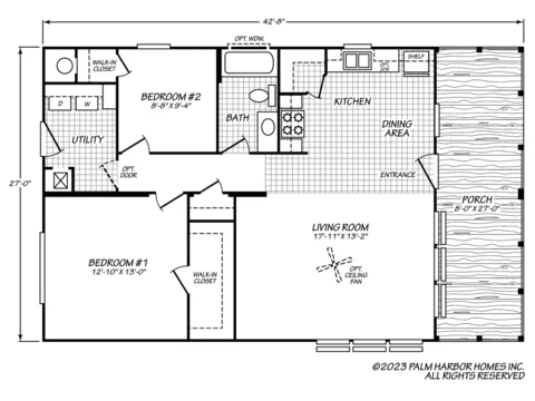Floor plan of the River's Edge 28362B: 2 bed, 1 bath, 972 sq ft, 27 by 36 feet