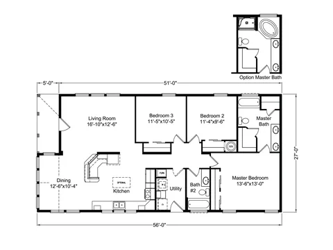Floor plan of the Sunset Bay 28563B: 3 bed, 2 bath, 1,512 sq ft, 27 by 56 feet