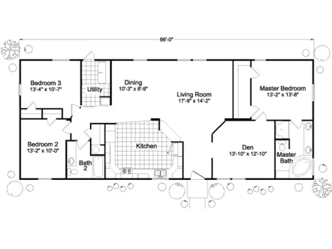 Floor plan of the Truman III 28663A: 3 bed, 2 bath, 1,782 sq ft, 27 by 66 feet