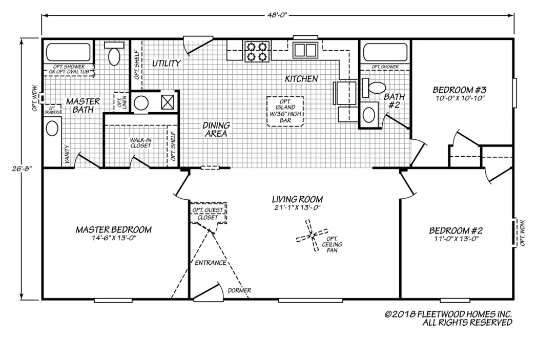 Floor plan of the Eagle 28483S: 3 bed, 2 bath, 1,280 sq ft, 26.8 by 48 feet